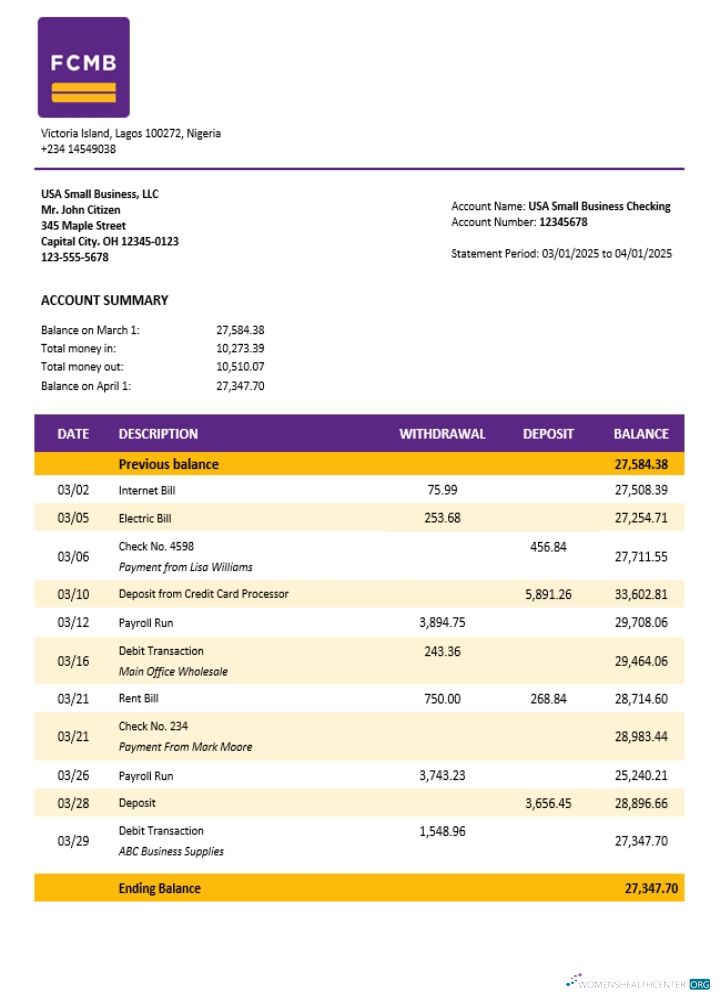Download FCMB organization checking account statement Word and PDF template (1) Photoshop template